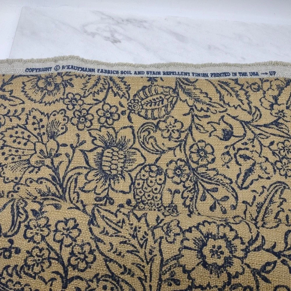 P Kaufman Upholstery Fabric Khaki Blue Floral Soil Stain Repellent 2.8yds x 56"W - Picture 7 of 9